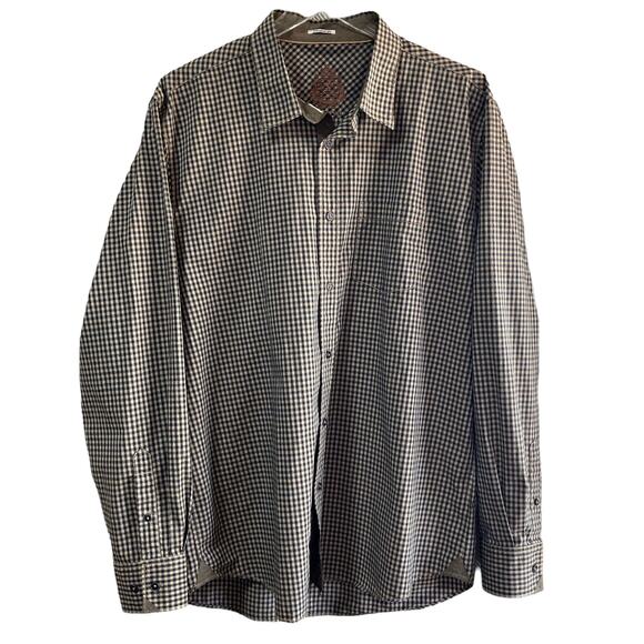 Bugatchi Shaped Fit Cotton Black & Tan Checked Button Down Shirt Size Large - Picture 1 of 10